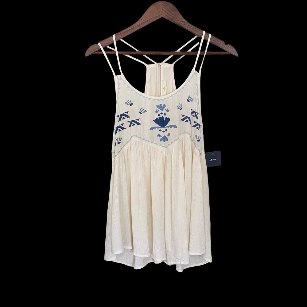 inTu Embroidered Babydoll Tank Top‎ Small Ivory Blue Gauze Racerback Boho NWT